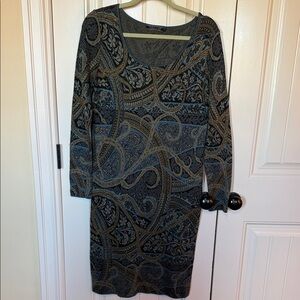 Peruvian Connection Black and Olive Paisley-Print Long-Sleeve Sheath Dress